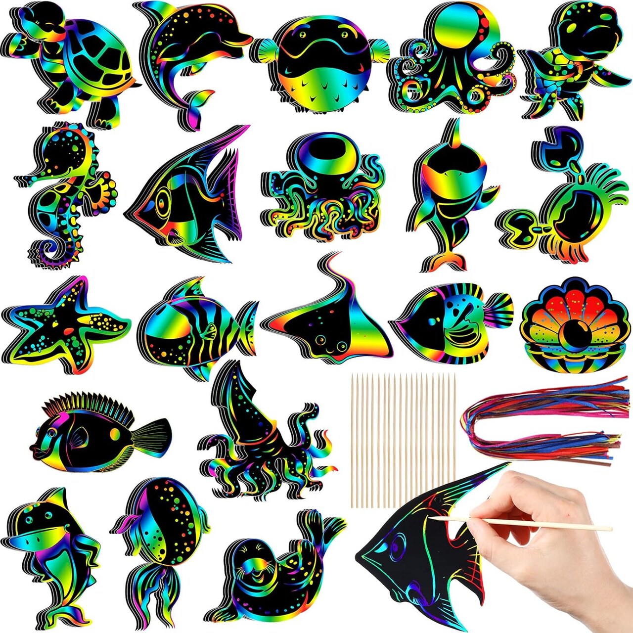 80 Pieces Sea Animal Scratch Cards Rainbow Ocean Fish Paper Crafts for Kids with Wooden Stick and Ribbon for Summer Birthday Party Under The Sea Party Supplies